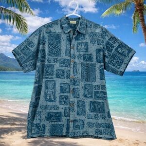 Go Barefoot Hawaiian Camp Shirt MEDIUM Blue Tiki Patchwork Print Made in USA